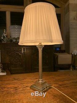 Antique English Copper Silver Plated Corinthian Column Table Lamp, Edwardian