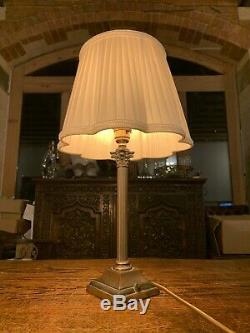 Antique English Copper Silver Plated Corinthian Column Table Lamp, Edwardian