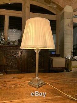 Antique English Copper Silver Plated Corinthian Column Table Lamp, Edwardian