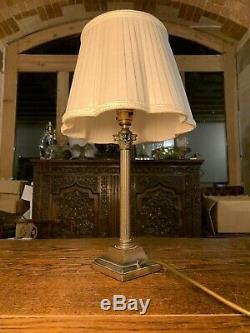 Antique English Copper Silver Plated Corinthian Column Table Lamp, Edwardian