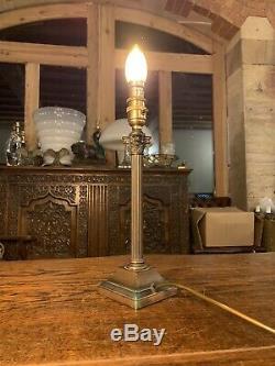 Antique English Copper Silver Plated Corinthian Column Table Lamp, Edwardian