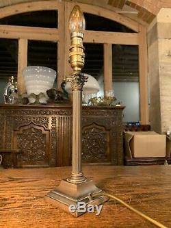 Antique English Copper Silver Plated Corinthian Column Table Lamp, Edwardian