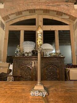 Antique English Copper Silver Plated Corinthian Column Table Lamp, Edwardian