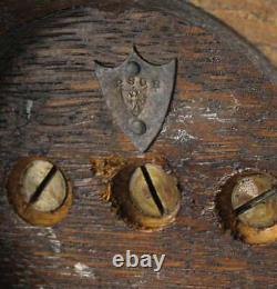 Antique English Oak, Bovine Horn, Silver Plate & Brass Dinner Table Top Gong