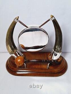 Antique English Oak, Bovine Horn & Silver Plate Dinner Gong. Victorian Taxidermy