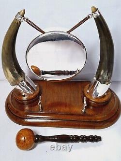 Antique English Oak, Bovine Horn & Silver Plate Dinner Gong. Victorian Taxidermy