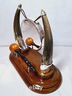 Antique English Oak, Bovine Horn & Silver Plate Dinner Gong. Victorian Taxidermy