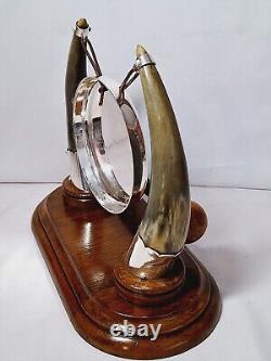 Antique English Oak, Bovine Horn & Silver Plate Dinner Gong. Victorian Taxidermy