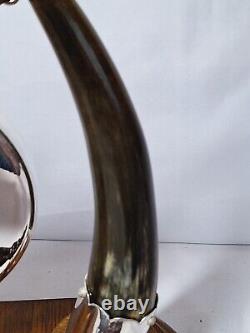 Antique English Oak, Bovine Horn & Silver Plate Dinner Gong. Victorian Taxidermy