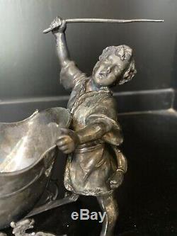 Antique English SILVER PLATE Figural Boy Sleigh Sled Christmas Candy Holder