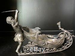 Antique English SILVER PLATE Figural Boy Sleigh Sled Christmas Candy Holder