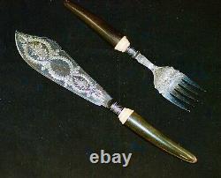Antique English Silver Plate Fish Serving Set Horn Handle, Original Case