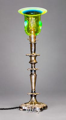 Antique English Silver Plated Table Lamp James Powell Vaseline Glass Shade c1900