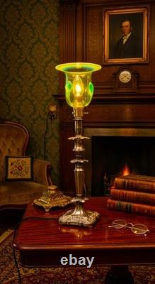 Antique English Silver Plated Table Lamp James Powell Vaseline Glass Shade c1900