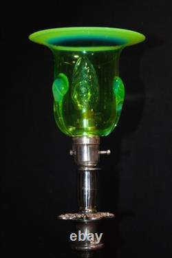 Antique English Silver Plated Table Lamp James Powell Vaseline Glass Shade c1900