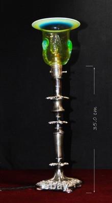Antique English Silver Plated Table Lamp James Powell Vaseline Glass Shade c1900
