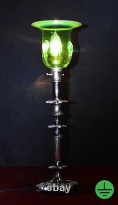 Antique English Silver Plated Table Lamp James Powell Vaseline Glass Shade c1900