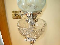 Antique English Victorian Hinks Silver Plated Oil Lamp / Blue Etched Shade