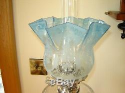 Antique English Victorian Hinks Silver Plated Oil Lamp / Blue Etched Shade