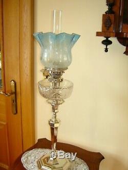 Antique English Victorian Hinks Silver Plated Oil Lamp / Blue Etched Shade