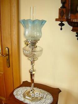 Antique English Victorian Hinks Silver Plated Oil Lamp / Blue Etched Shade