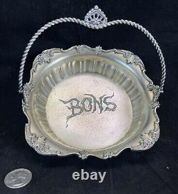 Antique Engraved BONS Silver Plate footed Bon Bon dish with handle