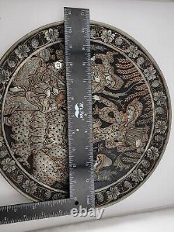 Antique Engraved Copper Silver Tone Middle Eastern Persian Qajar Tray Plate