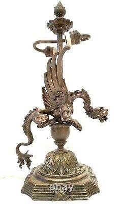 Antique & Exceptional Gargoyle Dragon French Figural Silver Plated Bronze Lamp