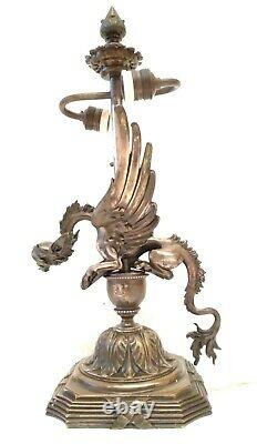 Antique & Exceptional Gargoyle Dragon French Figural Silver Plated Bronze Lamp