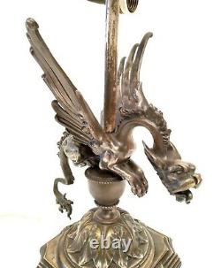 Antique & Exceptional Gargoyle Dragon French Figural Silver Plated Bronze Lamp