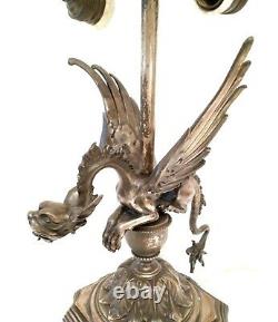 Antique & Exceptional Gargoyle Dragon French Figural Silver Plated Bronze Lamp