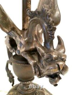 Antique & Exceptional Gargoyle Dragon French Figural Silver Plated Bronze Lamp