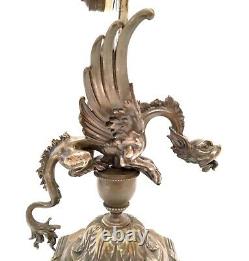 Antique & Exceptional Gargoyle Dragon French Figural Silver Plated Bronze Lamp