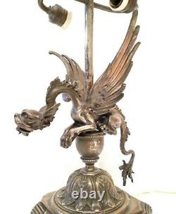 Antique & Exceptional Gargoyle Dragon French Figural Silver Plated Bronze Lamp