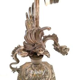 Antique & Exceptional Gargoyle Dragon French Figural Silver Plated Bronze Lamp