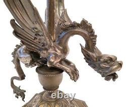 Antique & Exceptional Gargoyle Dragon French Figural Silver Plated Bronze Lamp