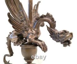 Antique & Exceptional Gargoyle Dragon French Figural Silver Plated Bronze Lamp