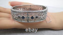 Antique Filigree Bangle Bracelet Blue Princess Rhinestones 5/8 Rhodium Plated