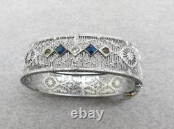 Antique Filigree Bangle Bracelet Blue Princess Rhinestones 5/8 Rhodium Plated