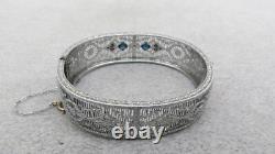 Antique Filigree Bangle Bracelet Blue Princess Rhinestones 5/8 Rhodium Plated