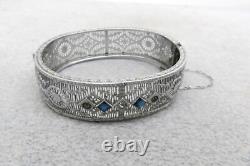 Antique Filigree Bangle Bracelet Blue Princess Rhinestones 5/8 Rhodium Plated