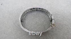 Antique Filigree Bangle Bracelet Blue Princess Rhinestones 5/8 Rhodium Plated