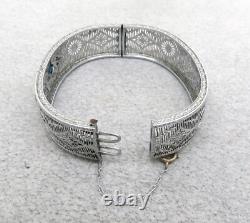 Antique Filigree Bangle Bracelet Blue Princess Rhinestones 5/8 Rhodium Plated