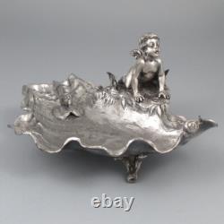 Antique French Silver Plate Art Nouveau Valet Tray, Shell, Cherub, Angel, Snail