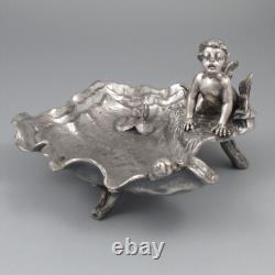 Antique French Silver Plate Art Nouveau Valet Tray, Shell, Cherub, Angel, Snail