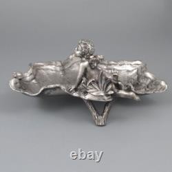 Antique French Silver Plate Art Nouveau Valet Tray, Shell, Cherub, Angel, Snail