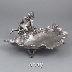 Antique French Silver Plate Art Nouveau Valet Tray, Shell, Cherub, Angel, Snail