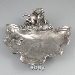 Antique French Silver Plate Art Nouveau Valet Tray, Shell, Cherub, Angel, Snail