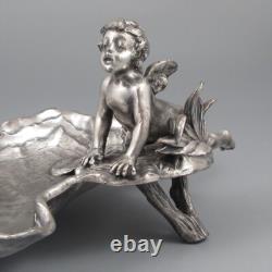 Antique French Silver Plate Art Nouveau Valet Tray, Shell, Cherub, Angel, Snail