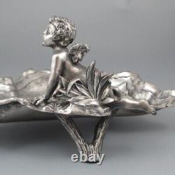 Antique French Silver Plate Art Nouveau Valet Tray, Shell, Cherub, Angel, Snail